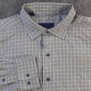 David Donahue Fusion Shirt XL 17.5 Brown Blue Check Long Sleeve Button Up Cotton